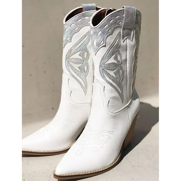 White Iridescent Metallic Applique Pointy Toe Block Heel Cowgirl Western Boots - Picture 13 of 15